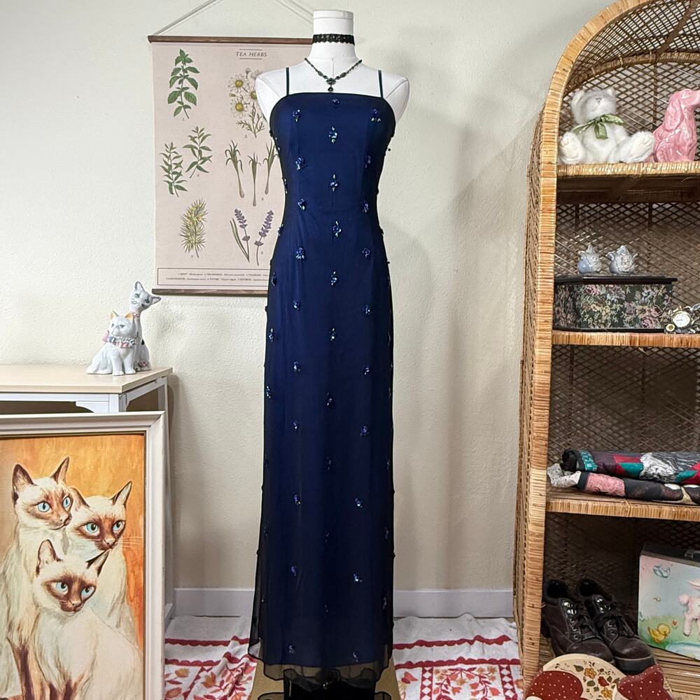 Vtg 90s Y2k Beaded Floral Formal Maxi Dress Hoco Prom Whimsigoth Romantic Goth 4